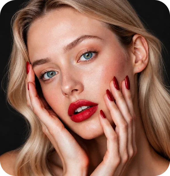 Woman displaying polished red nails